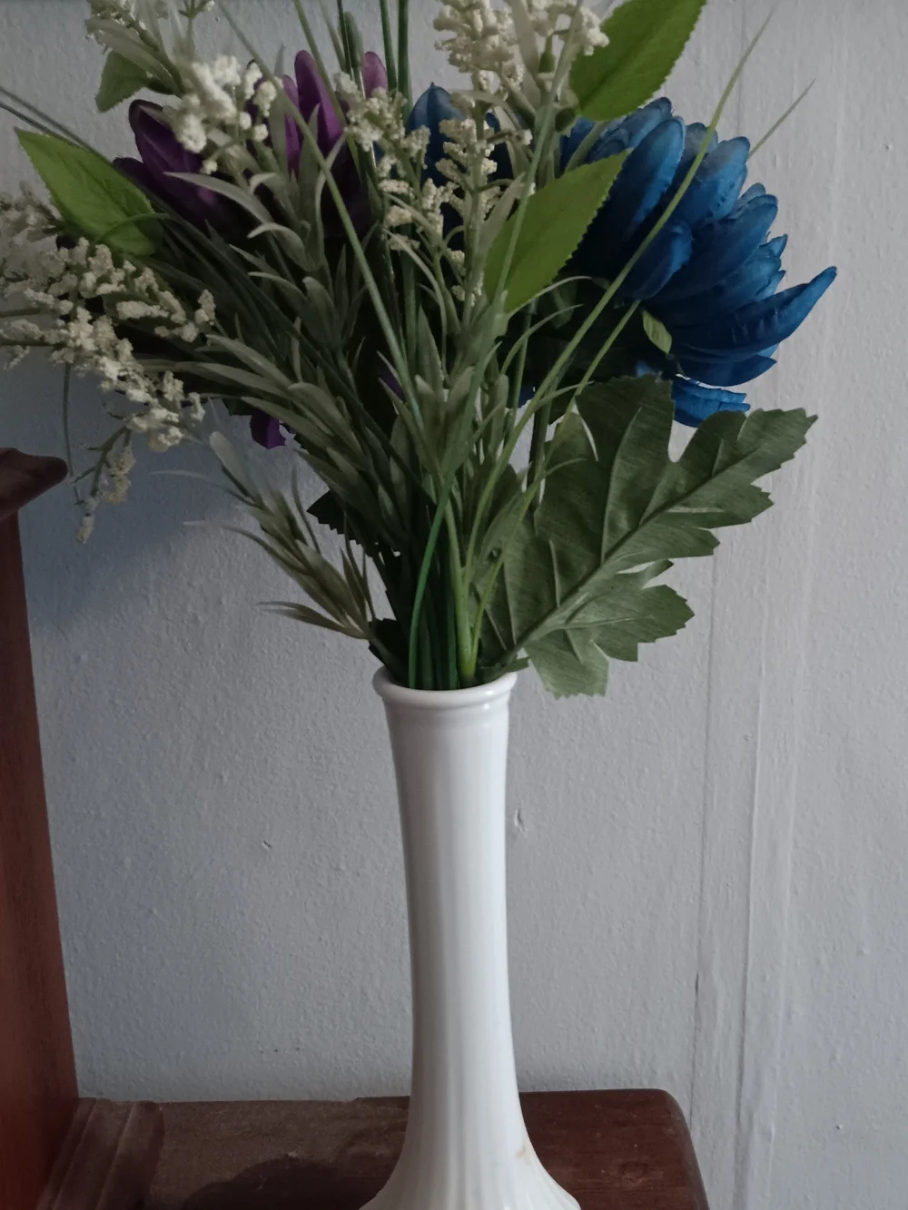 Artificial Chrysanthemum Bouquet in Deep Blue and Plum - Vintage Milk Glass Vase